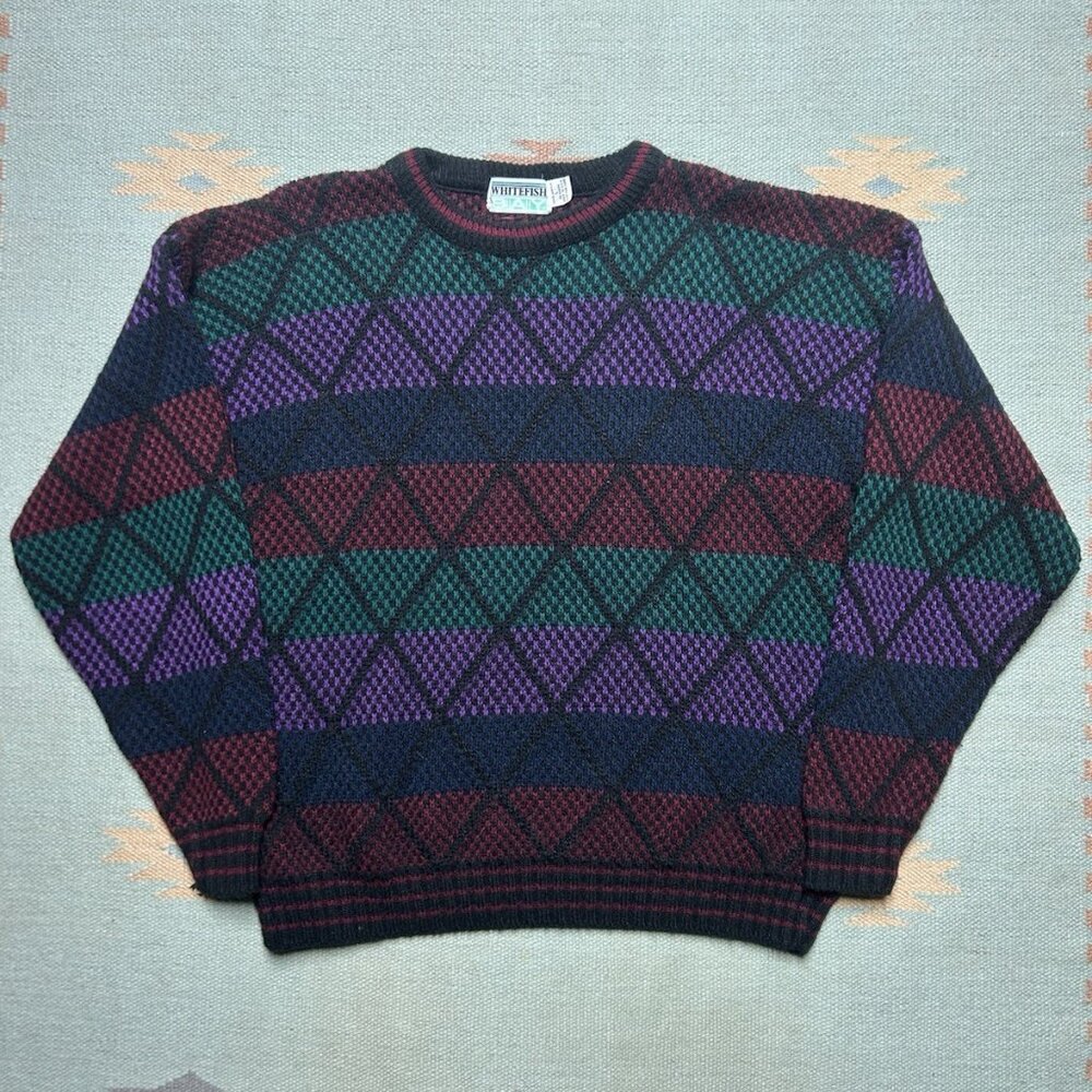 Vintage 90s acrylic knit sweater geometric diamonds multicolor soft USA large